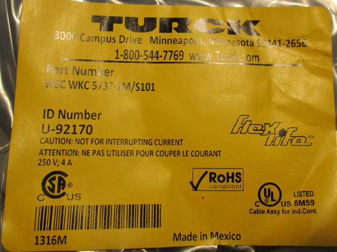 Turck WSC WKC 5737-2M/S101 Mini Fast Cordset IDN U-92170 2 Meters Long Lot of 4