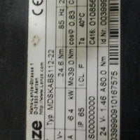 Lenze MDSKABS11222 Servo Motor 3 Ph, 6.4 kW 2490 RPM Broken Connector Cover NOS
