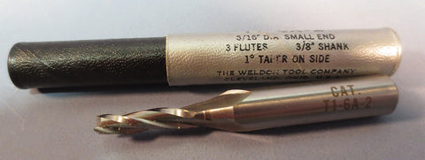 Weldon 1° Tapered End Mill: T1-6A-2, 3/16"DIA, 3/8"SHK, HSS, 3FL, USA