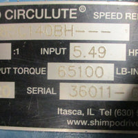 Nidec Shimpo Circulute 365385C140BH Speed Reducer 385:1 Ratio 35/8" Shaft Dia