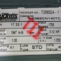 Quantis HB382CN140TC Gear Box Reducer 1" Shaft 17:33:1 Ratio 1750 RPM 7/8" Bore
