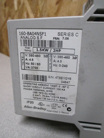 AllenBradley Speed Controller 1.5 KW/2HP FRN 7.06 Ser. C 160BA04NSF1