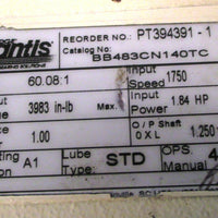 Dodge Quantis BB483CN140TC Gear Reducer 60.08:1 Ratio, 1.84 Input HP, 3983 InLb