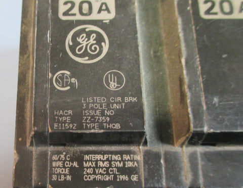 GE / General Electric THQB ZZ7359 3 Pole 20A Circuit Breaker Used