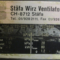 Stafa Wirz Ventilator MKV12.22012RRD Blower Motor 0.9kW 5" Inlet/Outlet Dia
