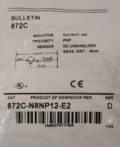 Allen Bradley 872CN8NP12E2 Ser D Inductive Proximity Sensor 8mm Sens. Dist.