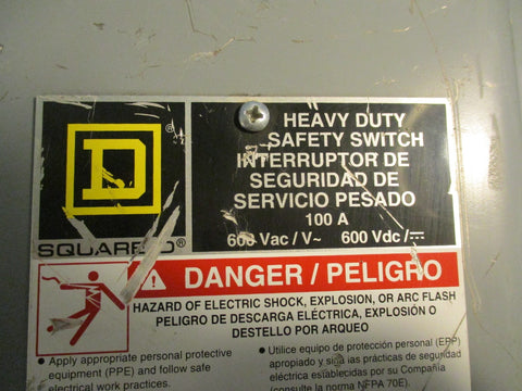 Square D HU363RB Non-Fusible Safety Switch 600V 100A Three Phase Heavy Duty