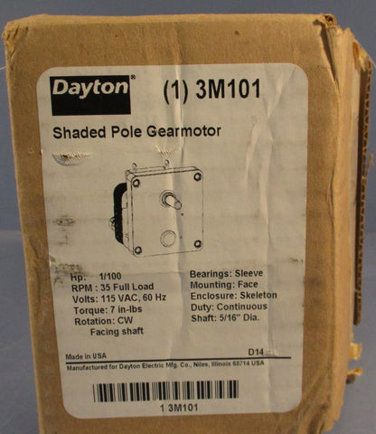Dayton 3M101 Shaded Pole Gearmotor HGM-4035-1 1/100HP 115VAC 5/16" Shaft Dia