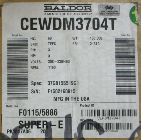 Baldor Reliance CEWDM3704T 3HP Washdown Duty Motor 37G815S519G1 13/8" Shaft Dia