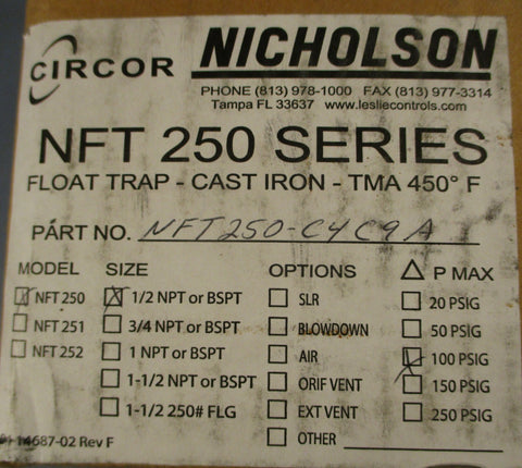 Nicholson NFT250 1/2" Float Trap NFT 250 Series 250 psi 450 Deg F Max Cast Iron