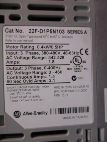 Allen Bradley 22FD1P5N103 Series A PowerFlex 4M AC Drive 0.4kW/0.5HP 3 Phase