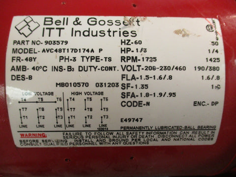 Bell & Gossett 903579 Motor AVC48T17D174A 60Hz 1725RPM 1/3HP 460V