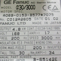 Fanuc A06B-0153-B577#7075 AC Servo Motor a30/3000, 4.8 kW, 168 Motor Volt