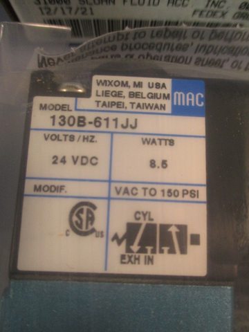 MAC Valves, Inc C13000 Solenoid Valve Coil 24 VDC 8.5 WATT 130B611JJ