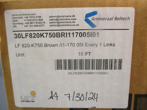 Uni Chains 30LF820K750 Table Top Conveyor Chain Brown 10 Ft Long