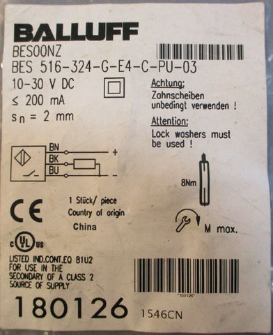 Balluff BES00NZ Proximity Sensor BES 516-324-G-E4-C-PU-03 10-30VDC Sn=2mm 200mA