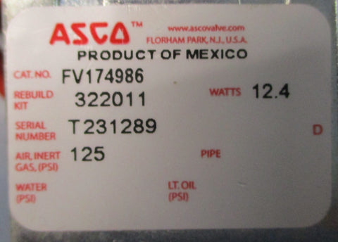 ASCO FV174986 Solenoid Valve 125PSI 12.4W 322011