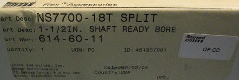 Rexnord Sprocket NS770018T Split 11/2" Shaft Ready Bore