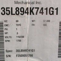 Baldor Reliance 35L894K741G1 Washdown Duty Motor 1/2HP 1PH 1750RPM 5/8" Shaft Di