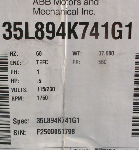 Baldor Reliance 35L894K741G1 Washdown Duty Motor 1/2HP 1PH 1750RPM 5/8" Shaft Di