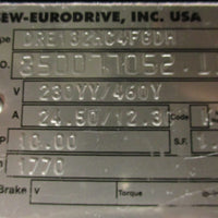 Sew Eurodrive DRE132MC4FGDH Motor w/ R87DV132M4KS Gearbox 21/8" Shaft Dia
