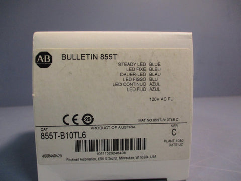 AllenBradley 855TB10TL6 Ser. C Blue Stack Light 120VAC LED 20mA, 7W