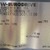 Sew Eurodrive SA47/T DRN80M4/DH Gearmotor 230/460V 1751/54rpm 1.0hp 3.1/1.56A