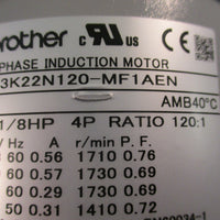 Brother G3K22N120MF1AEN Induction Motor 3Phase 120:1 Ratio 40°C 1/8HP
