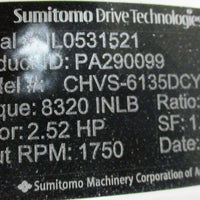 Sumitomo CHVS-6135DCY-102 Gear Reducer 102:1 Ratio, 8320 In-Lb, 2.52 Input HP