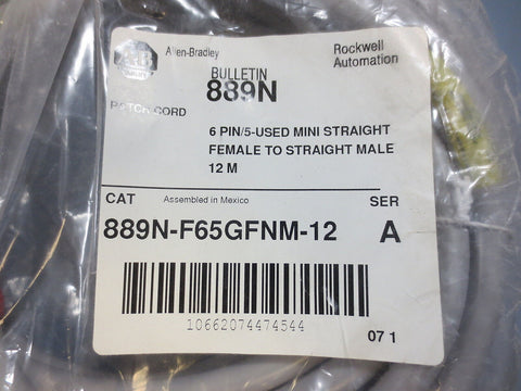 Allen Bradley 889N-F65GFNM-12 6 Pin 12 M Patch Cord Mini Straight M-F Ser A New