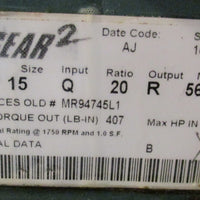 Dodge 15Q20R56 Speed Reducer MR94745L1 20:1 Ratio 5/8" Bore 3/4" Shaft Dia