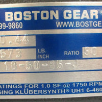 Boston Gear F718-50-B5-J Gear Reducer 50:1 Ratio 0.44 Input HP 7/8" Shaft Dia