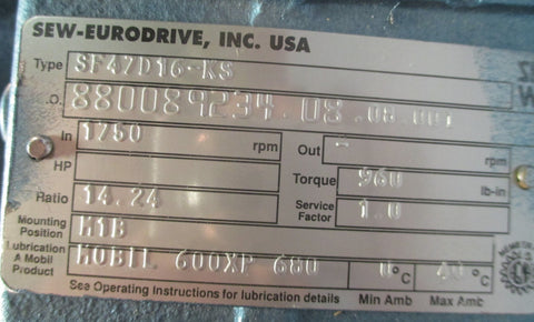 Sew Eurodrive SF47D16KS Gearbox Gear Reducer 14.24:1 Ratio 1750 RPM NWOB