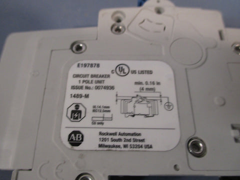Allen Bradley 1 Pole 15 Amp Circuit Breaker Ser. D 1489M1C150