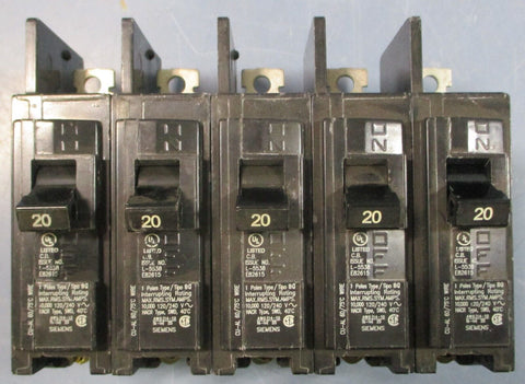 (Lot of 5) Siemens BQ1B020 Circuit Breaker 1-Pole 20A 120/240V 60Hz