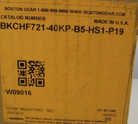 Boston Gear BKCHF72140KPB5HS1P19 Gear Reducer .81HP 40:1 Ratio 13/16" Bore