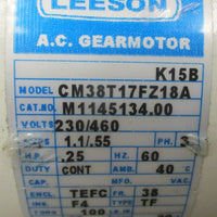 Leeson CM38T17FZ18A Gearmotor K15B 20:1 Ratio 86 RPM 0.25 HP 1/2" Shaft Dia
