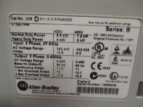 Allen-Bradley PowerFlex 700 AC Drive, 480 VAC, 3 PH, Ser B 20BD011A0AYNAND0