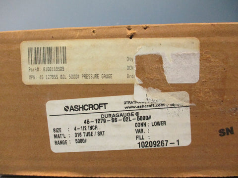ASHCROFT 451279SS02L5000 DURAGAUGE SIZE: 41/2" RANGE 5000PSI PRESSURE GAUGE