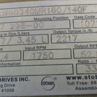 Stober K302WG0340MR160/140F Gear Reducer 33.6:1 Ratio, 1.9 HP Input