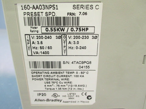 ALLEN BRADLEY SPEED CONTROLLER VFD INPUT FRN: 7.06 SER C 160AA03NPS1