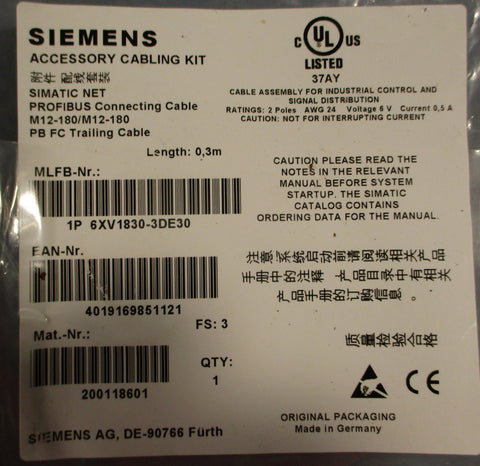 Siemens Simatic Net 6XV18303DE30 Accessory Cabling Kit 0.3 M Long (Lot of 2)