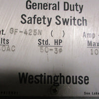 Westinghouse GF-425N General Duty Safety Switch 400A 240VAC 100HP Max 3PH GF425N