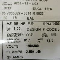 Nidec U34P2DCR 3 Phase Motor HU09 0.75 HP 1765/1455 RPM 5/8" Shaft Dia