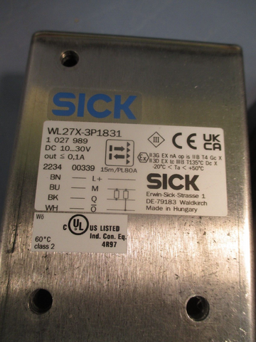 SICK 1027989 PHOTOELECTRIC SENSOR, RETROREFLECTIVE, 15M RANGE WL27X3P1831