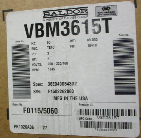 Baldor Reliance VBM3615T Brake Motor 36E049S543G2 1740RPM 5HP 1-1/8" Shaft Dia