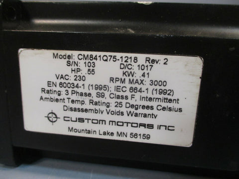Custom Motors Inc Brushless DC Electric Motor Rev: 2 Model: CM841Q751218