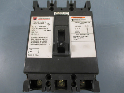 CutlerHammer HFB3020L 20AMP 3 Pole 600 VAC Circuit Breaker  Used