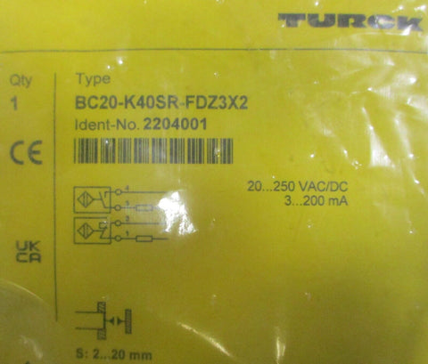 Turck BC20-K40SR-FDZ3X2 Capacitive Proximity Sensor 20-250VAC/DC 3-200mA S: 2-20