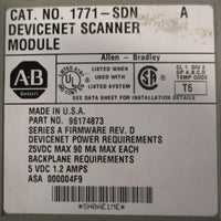 Allen Bradley 1771SDN Ser A Devicenet Scanner Module 96174873 Rev D 25VDC Max